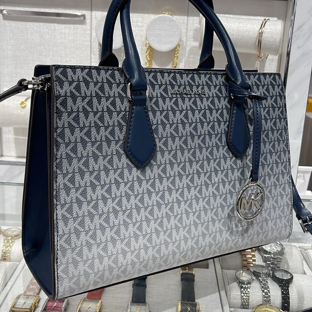 MICHAEL KORS Sheila Medium Ombré Signature Logo CZ Satchel Crossbody Navy NWT